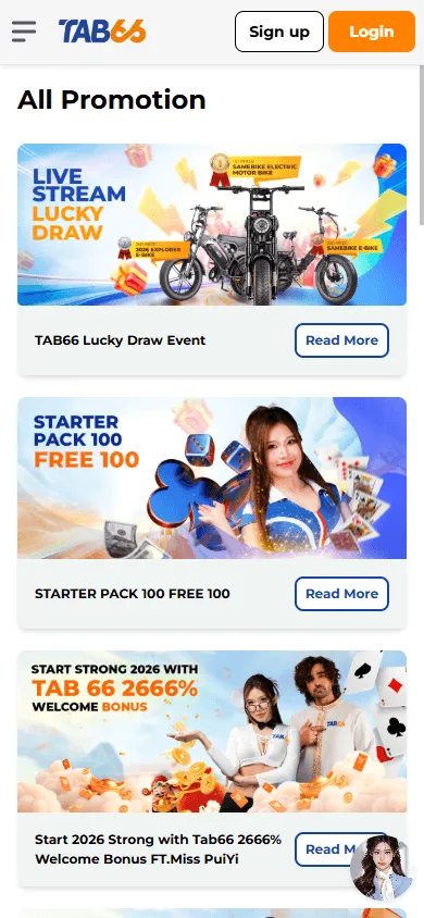 Tab66 Casino promotions area on a mobile device