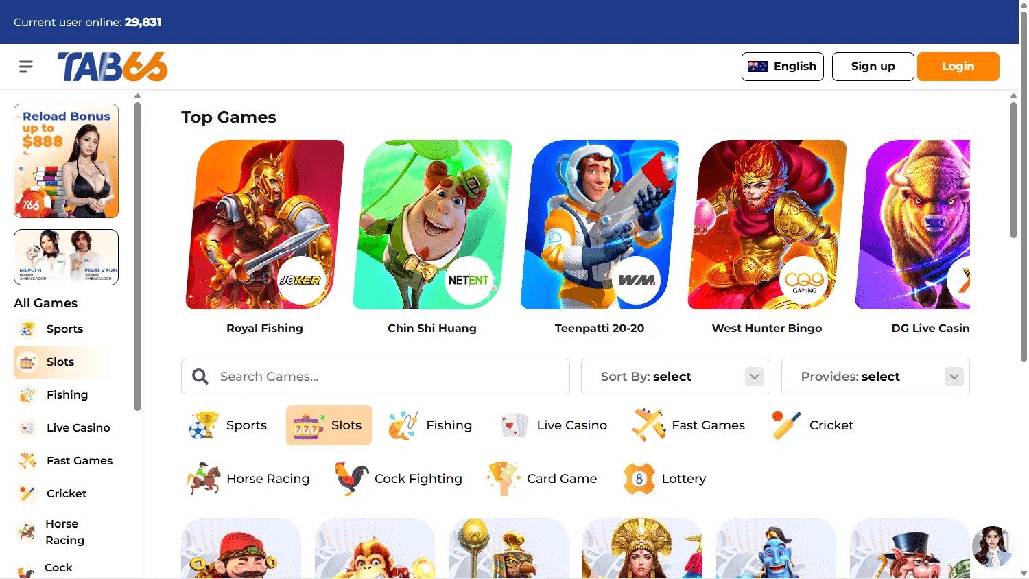 Tab66 Casino casino and betting selection on desktop