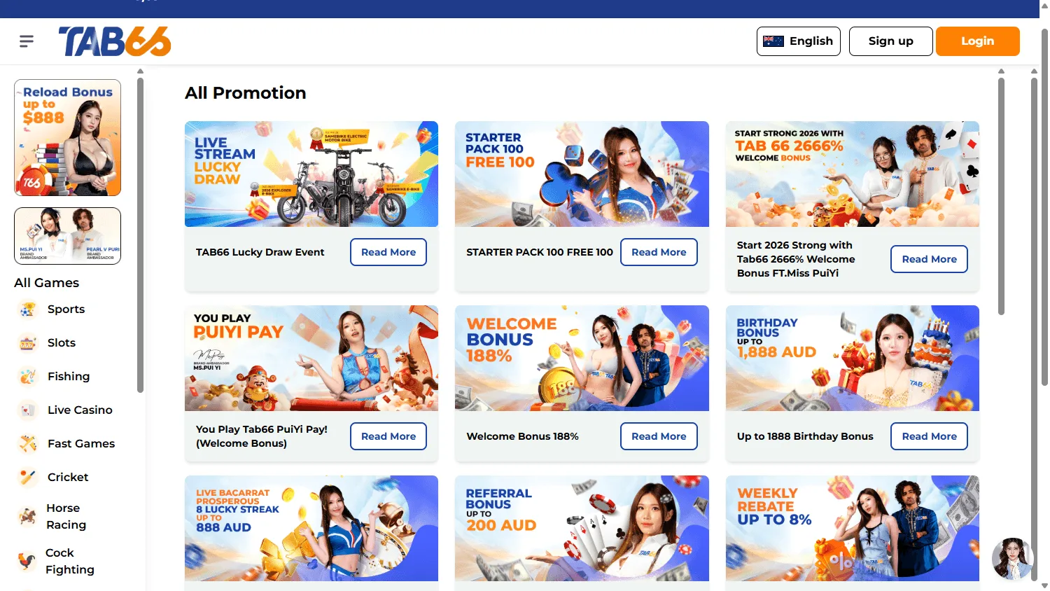 Tab66 Casino promotions area on desktop